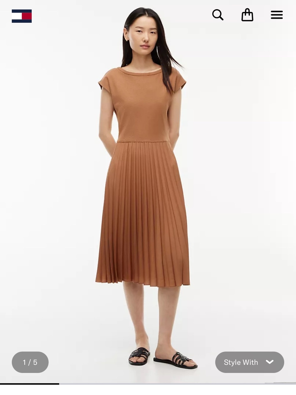Tommy Hilfiger Camel Pleated Midi Dress with Cap Sleeve